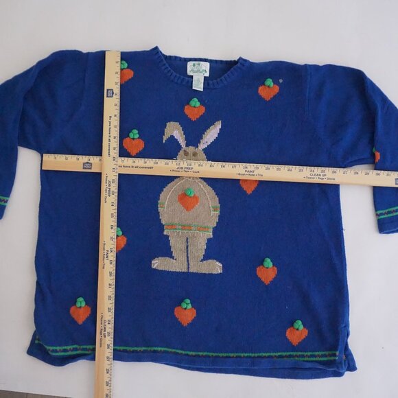 Vintage The Quacker Factory Blue Bunny Carrot Knit Easter Sweater Cottagecore 2X - Picture 2 of 11